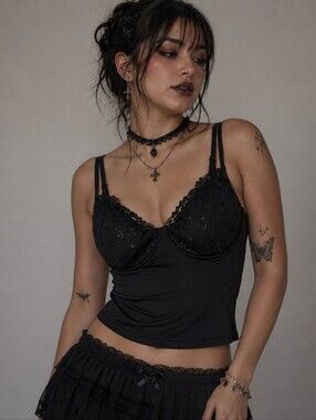 Black Silky Lace Cami Bustier Tank Top Womens